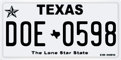 TX license plate DOE0598