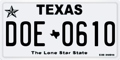 TX license plate DOE0610