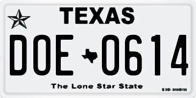 TX license plate DOE0614