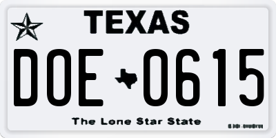 TX license plate DOE0615
