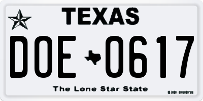 TX license plate DOE0617