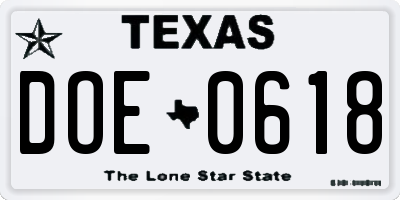 TX license plate DOE0618