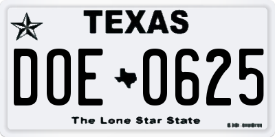 TX license plate DOE0625