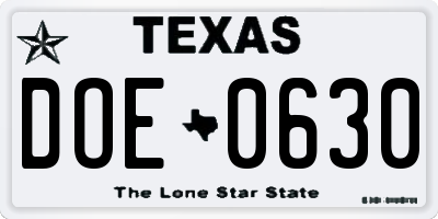 TX license plate DOE0630