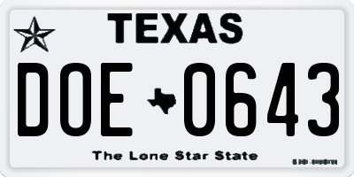 TX license plate DOE0643