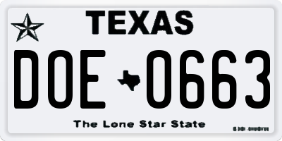 TX license plate DOE0663
