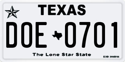 TX license plate DOE0701