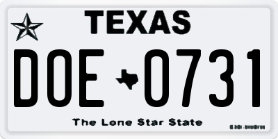 TX license plate DOE0731