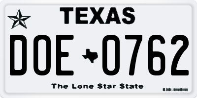 TX license plate DOE0762