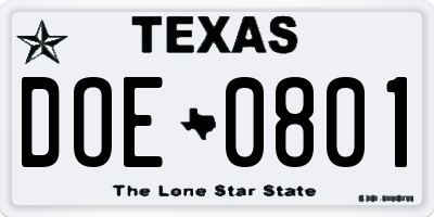 TX license plate DOE0801