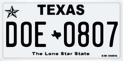 TX license plate DOE0807