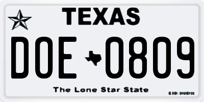 TX license plate DOE0809