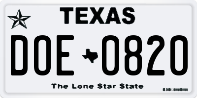 TX license plate DOE0820