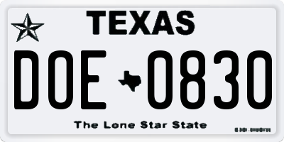 TX license plate DOE0830