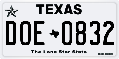 TX license plate DOE0832