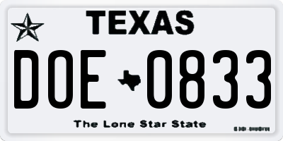 TX license plate DOE0833