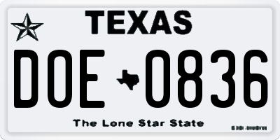 TX license plate DOE0836