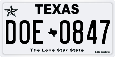 TX license plate DOE0847