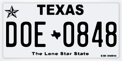 TX license plate DOE0848