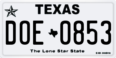 TX license plate DOE0853