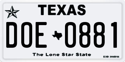 TX license plate DOE0881