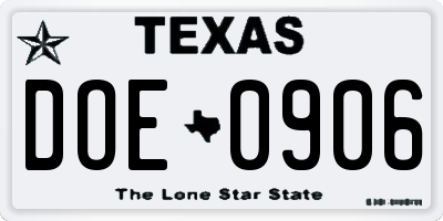 TX license plate DOE0906