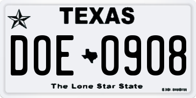 TX license plate DOE0908