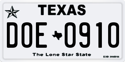TX license plate DOE0910