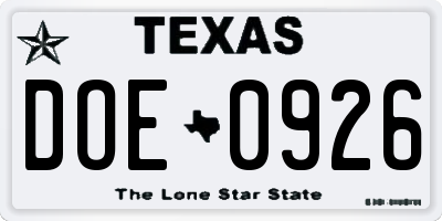 TX license plate DOE0926