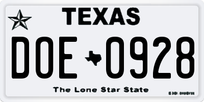 TX license plate DOE0928