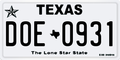 TX license plate DOE0931