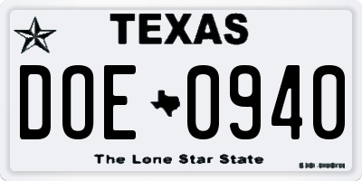 TX license plate DOE0940