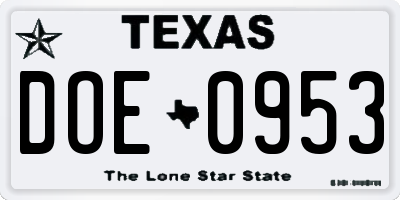TX license plate DOE0953
