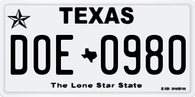 TX license plate DOE0980