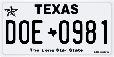 TX license plate DOE0981