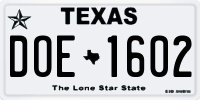 TX license plate DOE1602