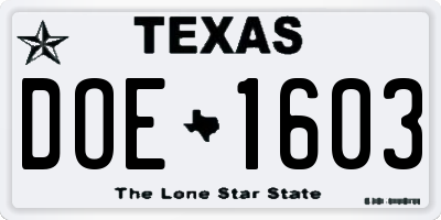 TX license plate DOE1603