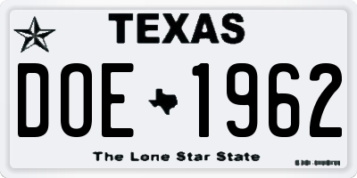 TX license plate DOE1962
