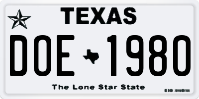 TX license plate DOE1980