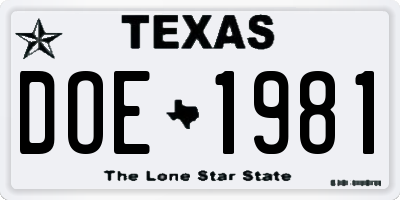 TX license plate DOE1981