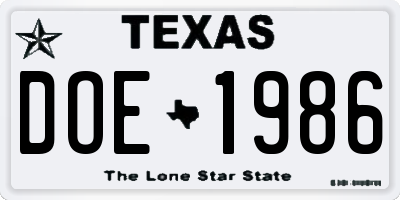 TX license plate DOE1986