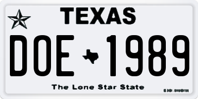 TX license plate DOE1989