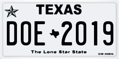 TX license plate DOE2019