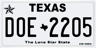 TX license plate DOE2205