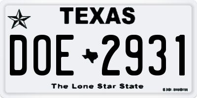 TX license plate DOE2931