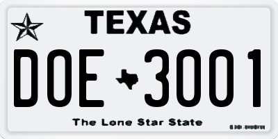 TX license plate DOE3001