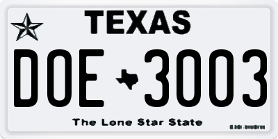 TX license plate DOE3003