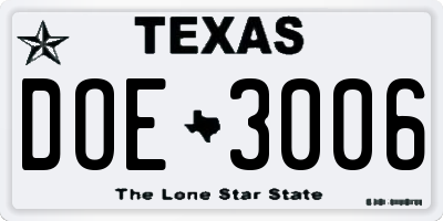 TX license plate DOE3006