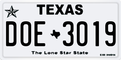 TX license plate DOE3019