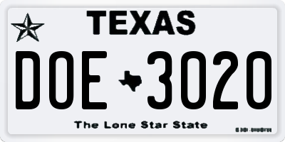 TX license plate DOE3020